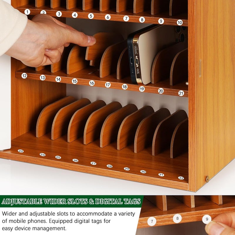 Echaprey Cell Phone Holder Classroom Adjustable 33 Slots Pocket Chart Wooden Cell Phone Storage Cabinet with Handle and Lock Desktop Cell Phone Holder for Classroom Office (Cherry) - Image 4